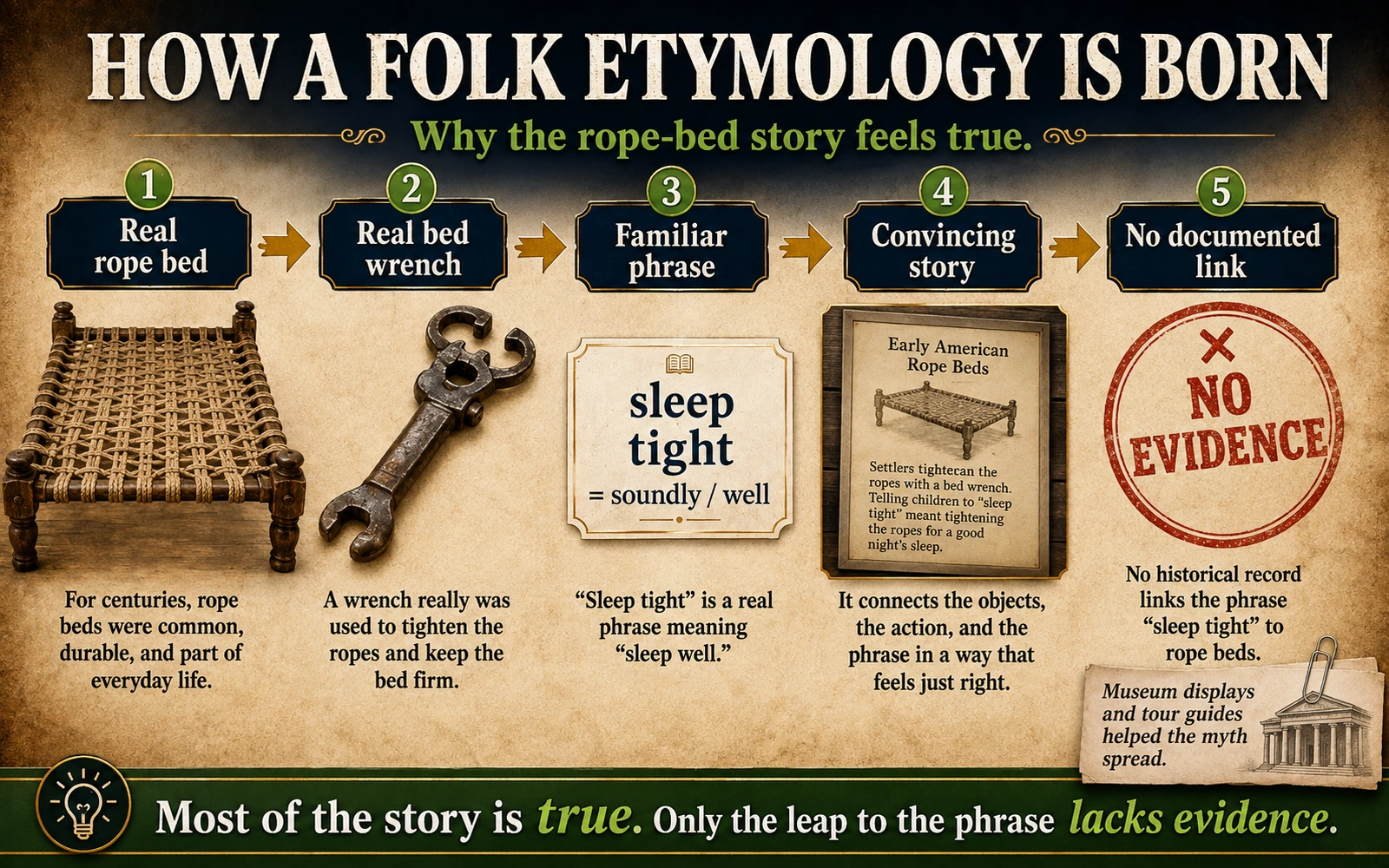 Flow graphic showing how a real rope bed and bed wrench can lead people to create a convincing but unsupported origin story for sleep tight