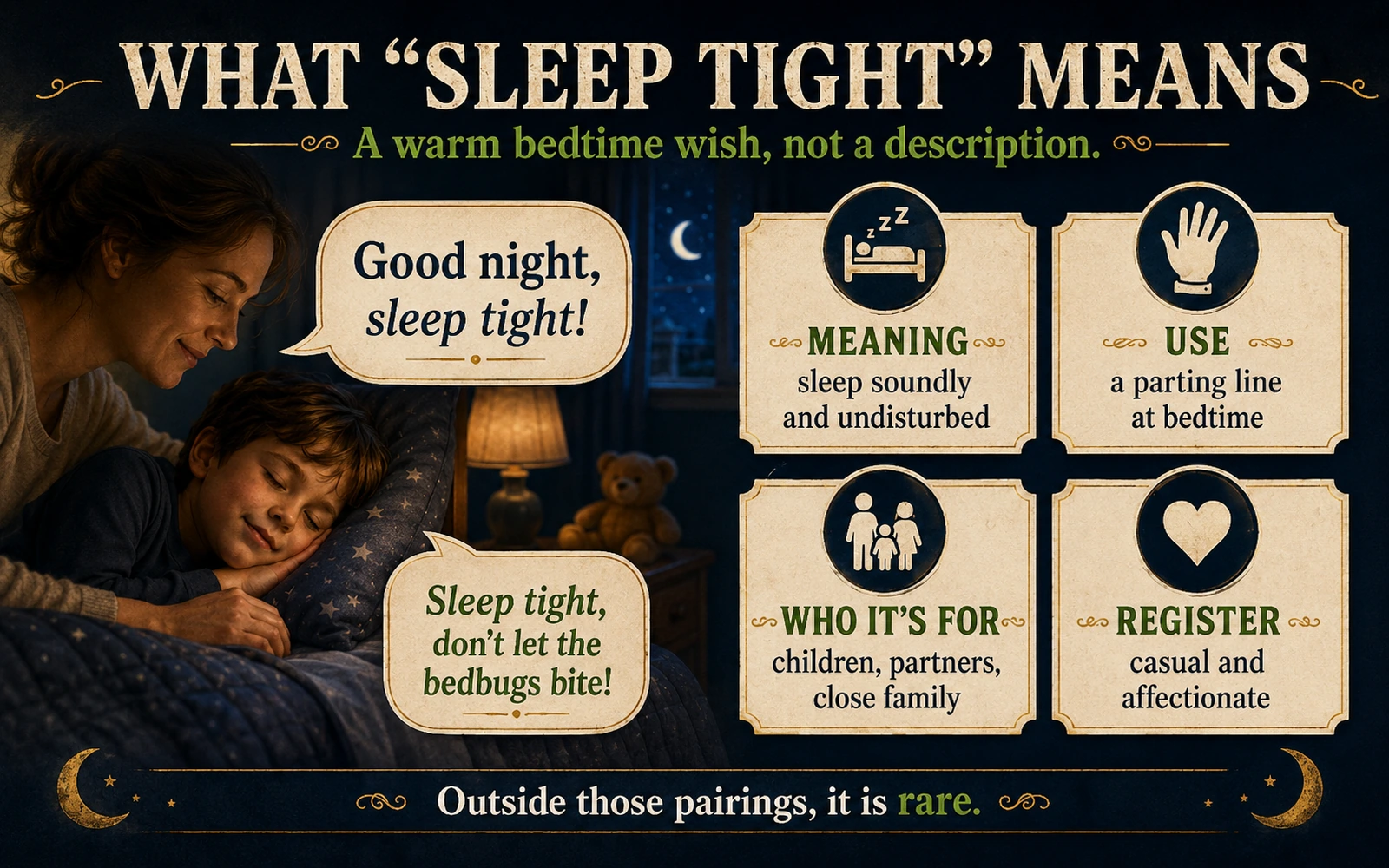 Bedtime infographic explaining that sleep tight is a warm bedtime wish meaning sleep soundly and undisturbed