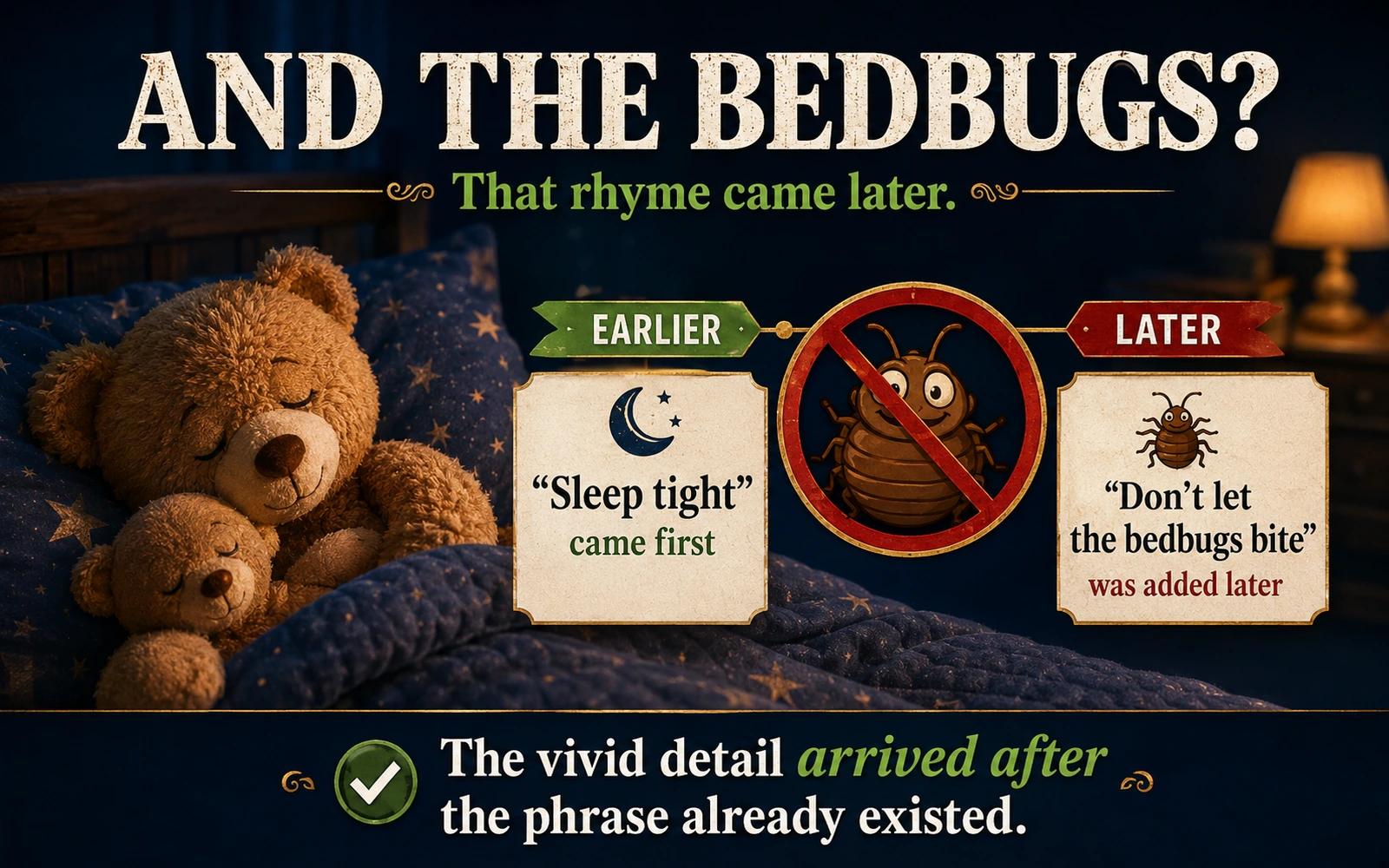 Playful bedtime graphic explaining that the phrase sleep tight existed before the later rhyme don’t let the bedbugs bite