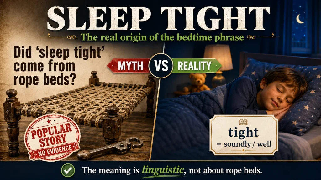 Featured myth versus reality image showing an old rope bed on one side and a sleeping child with the definition of tight meaning soundly or well on the other