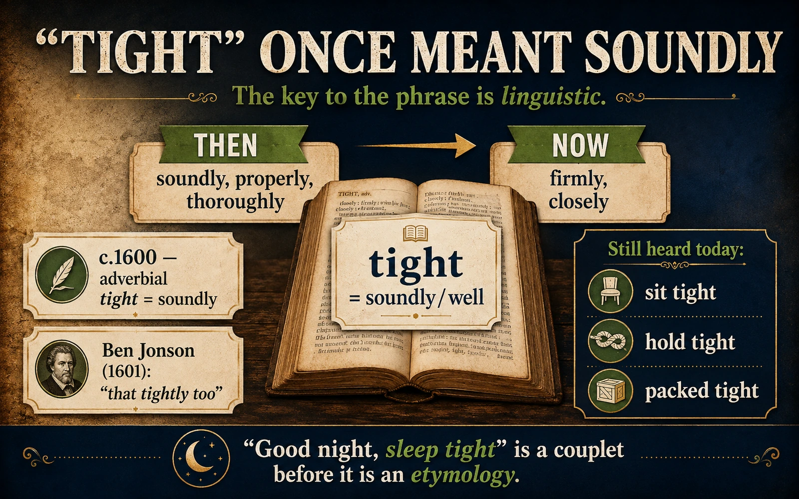 Language history graphic showing that tight once meant soundly properly and thoroughly and comparing the old meaning with the modern one