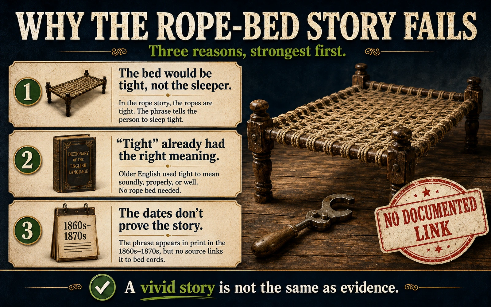 Myth busting graphic listing three reasons the rope bed explanation for sleep tight fails