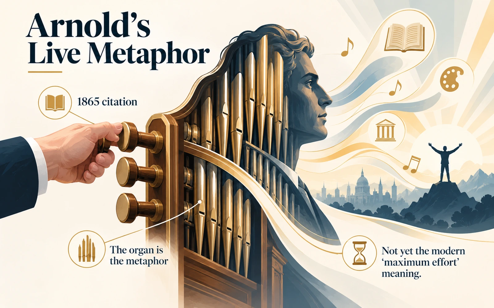 Editorial infographic illustrating Matthew Arnold's 1865 metaphor in which the modern Englishman is compared directly to an organ with more stops to draw.