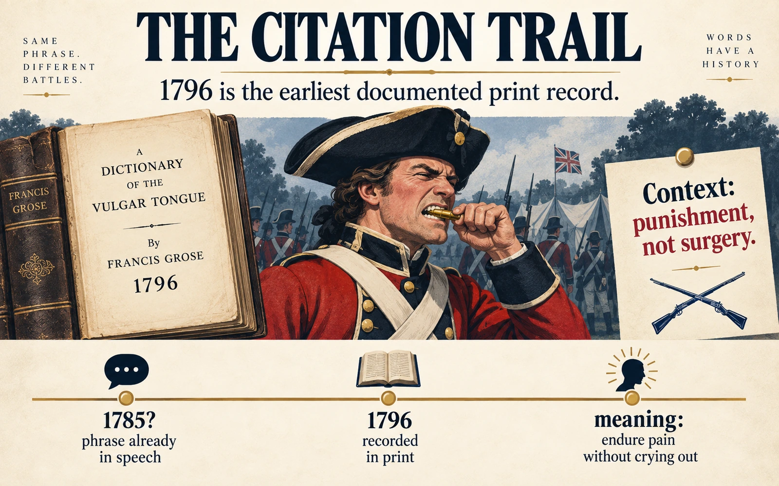 Historical infographic showing Francis Grose's 1796 slang dictionary record of bite the bullet in a punishment context rather than a surgery context.