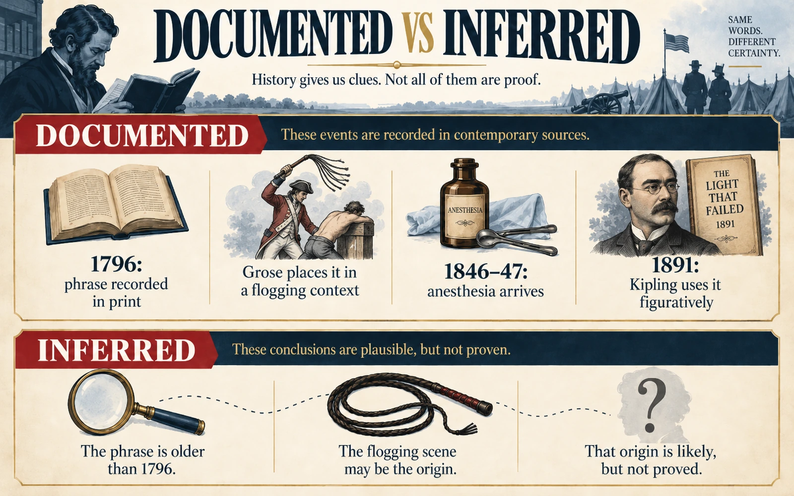 Evidence infographic separating documented facts about bite the bullet from the inference that military flogging was the phrase's actual origin.