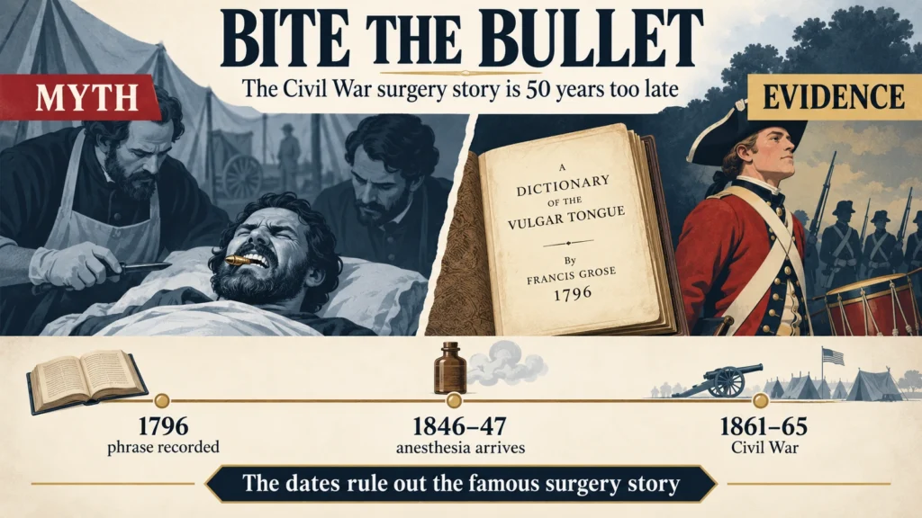 Featured myth-versus-evidence infographic showing the Civil War surgery story beside the earlier 1796 print record and the arrival of anesthesia before the Civil War.