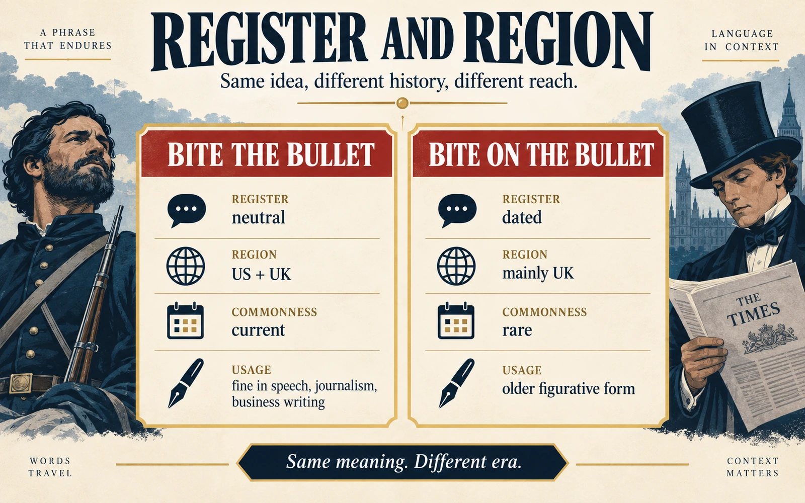Usage comparison infographic for bite the bullet and bite on the bullet, showing register, region, frequency, and modern status.