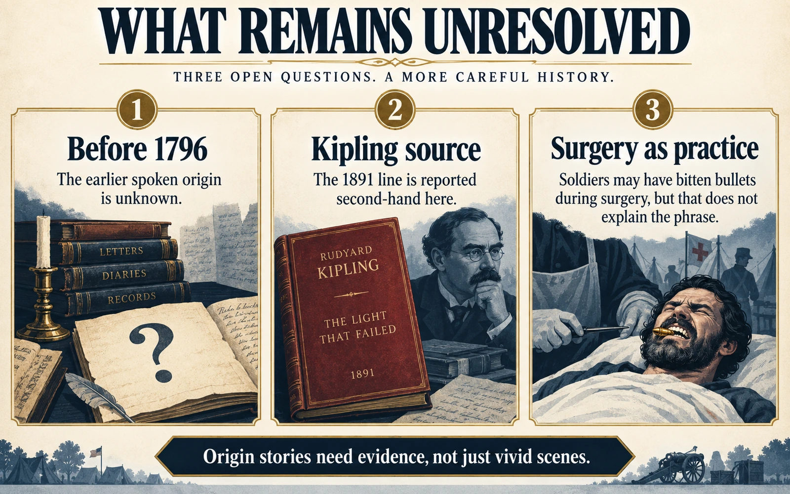 Closing infographic listing three unresolved points about bite the bullet: the pre-1796 origin, the unverified Kipling citation, and whether bullets were ever used during surgery.
