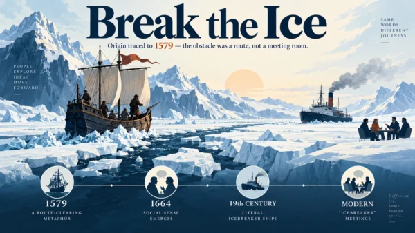 Featured minimalist editorial illustration showing the phrase break the ice evolving from a trade-route obstacle to its modern social meaning.