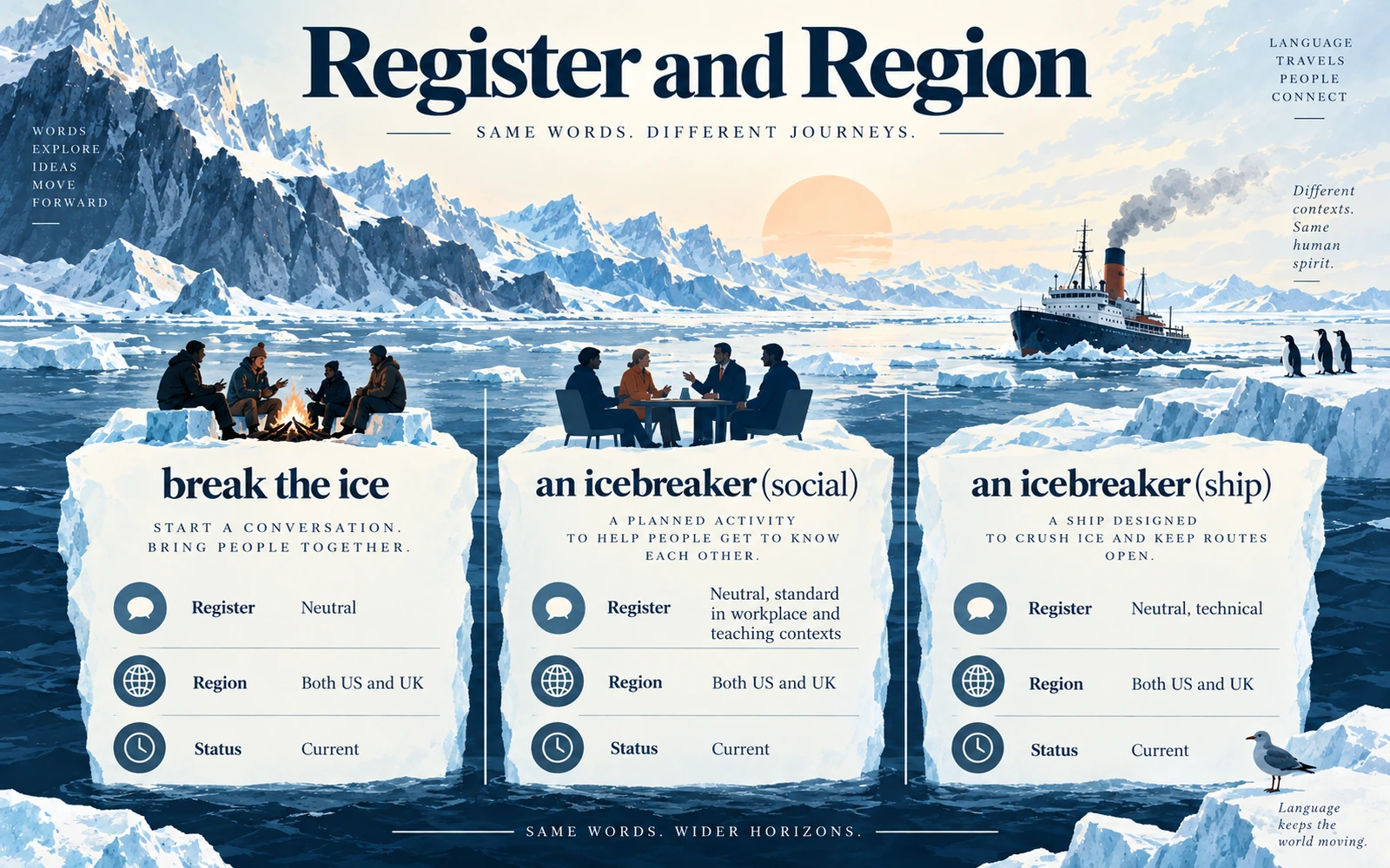 Usage chart comparing break the ice and both senses of icebreaker, with register, region, and current status.