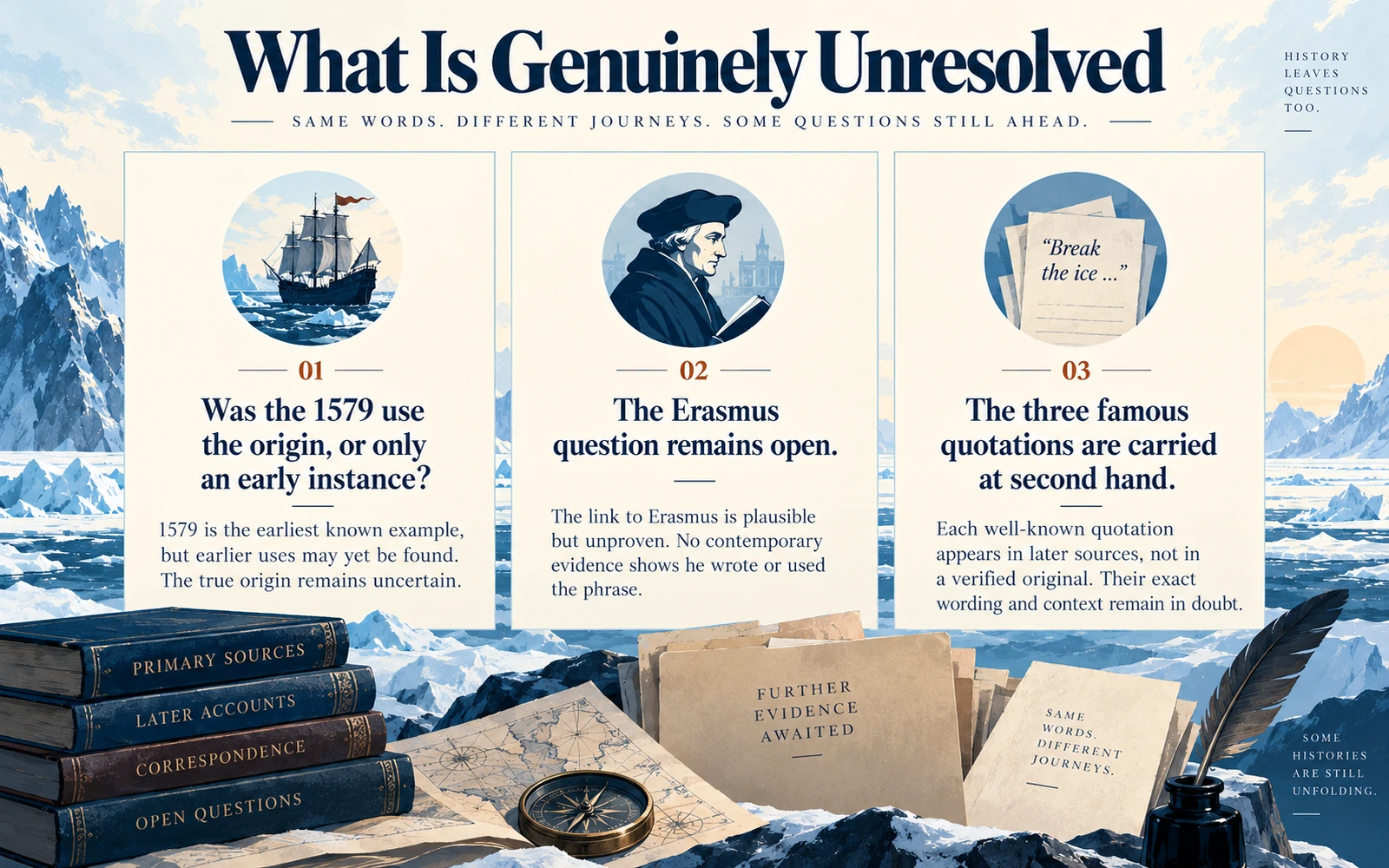 Closing infographic listing unresolved points about break the ice, including whether 1579 is origin or early instance, the Erasmus question, and the second-hand quotations.