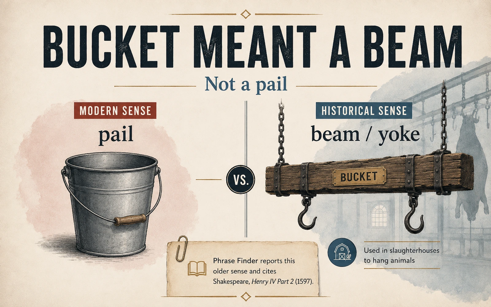 Comparison graphic contrasting the modern pail sense of bucket with the older historical beam or yoke sense used for hanging or carrying things.
