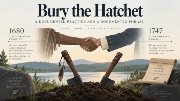 Featured editorial illustration showing two buried axes and a handshake, explaining that bury the hatchet has both a documented practice and a documented phrase.