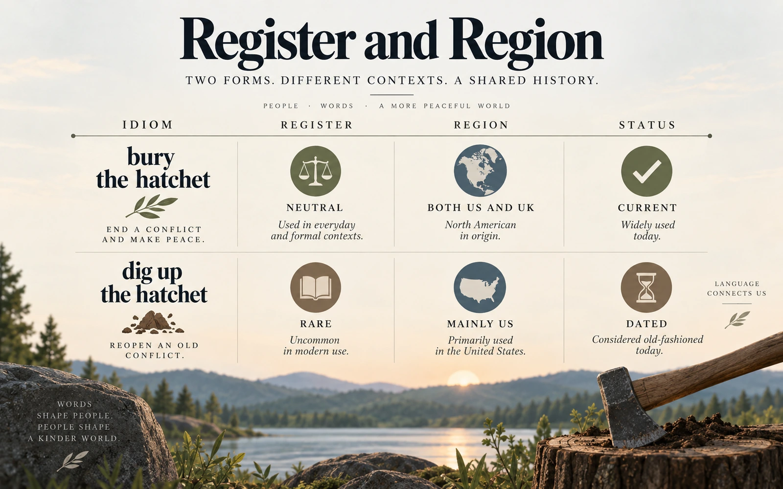 Usage chart comparing bury the hatchet and dig up the hatchet by register, region, and current status.