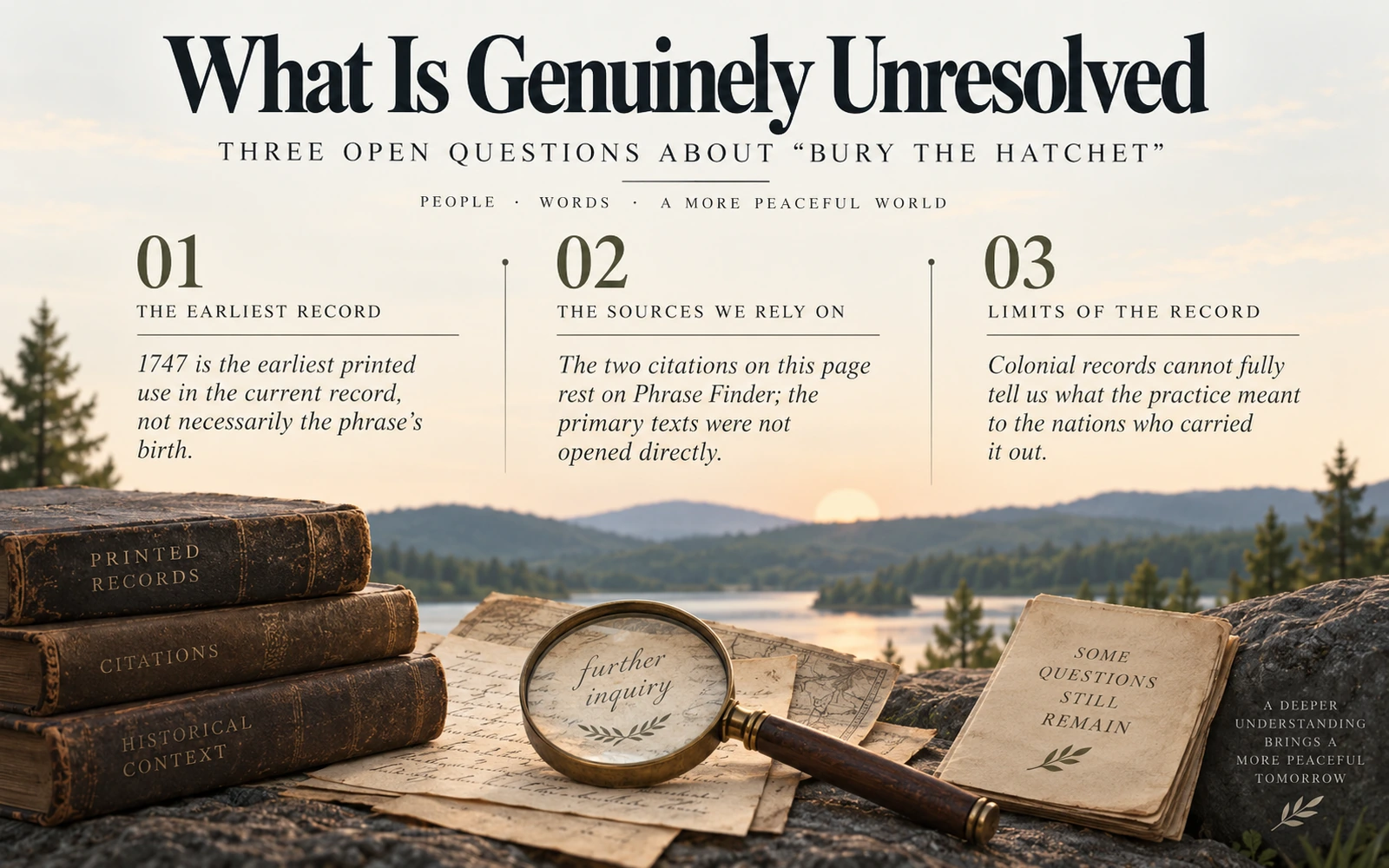 Closing infographic listing open questions about the earliest printed use, the unverified primary texts, and the limits of colonial records.