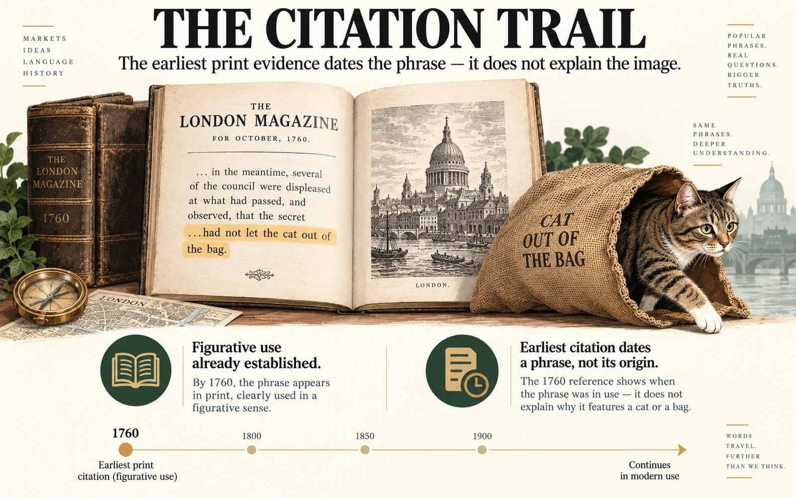 Historical infographic showing the 1760 London Magazine citation for let the cat out of the bag and explaining that an earliest citation dates a phrase but does not prove its origin.