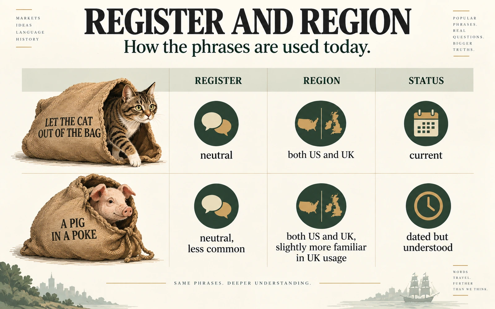 Usage infographic comparing let the cat out of the bag and a pig in a poke by register, region, and current status.