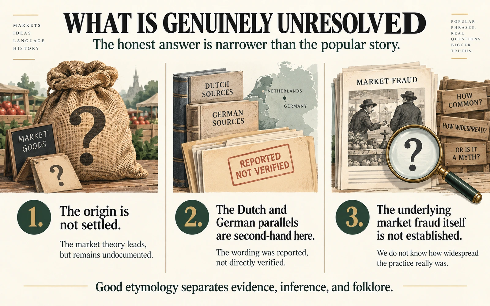 Closing research-limits infographic listing the unresolved origin, second-hand Dutch and German parallels, and uncertainty about the underlying market fraud story.