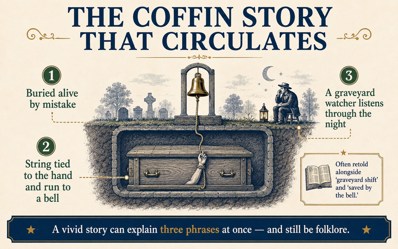 Illustrated folklore diagram showing the buried-alive bell story commonly but falsely connected to dead ringer, graveyard shift and saved by the bell.