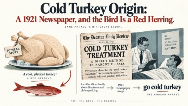 Featured editorial infographic contrasting the popular cold-plucked-turkey story with the 1921 newspaper record for cold turkey.