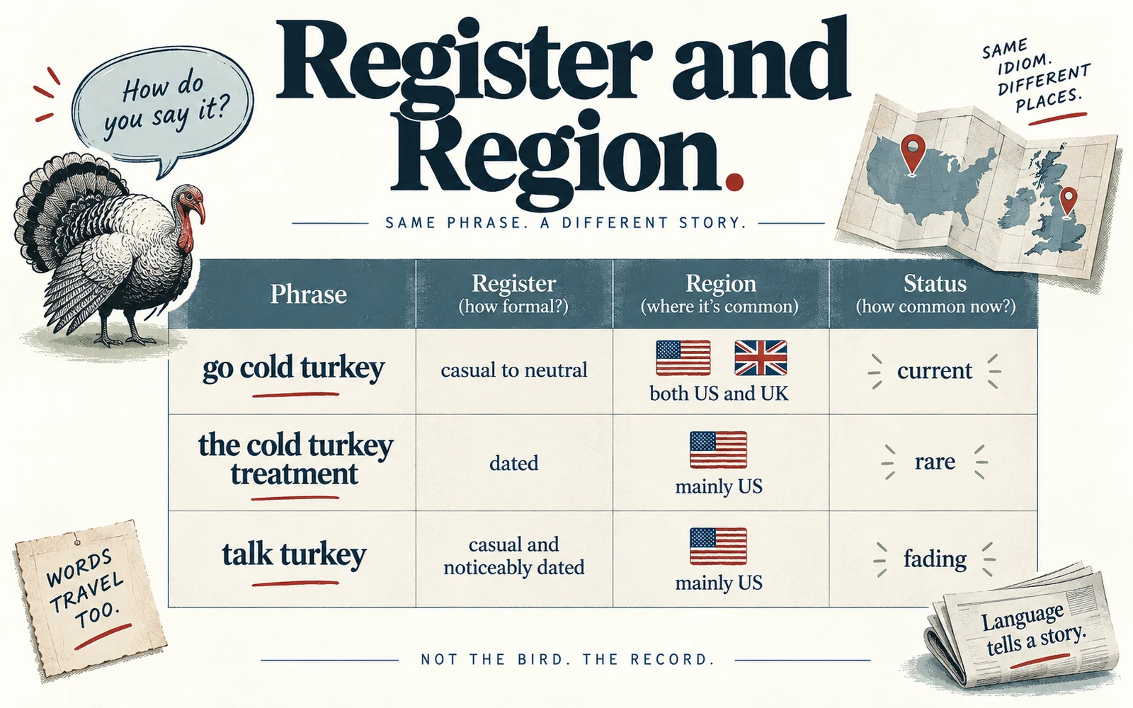Usage comparison graphic for go cold turkey, the cold turkey treatment, and talk turkey, showing register, region, and current status.