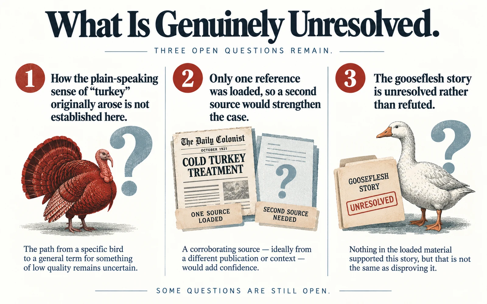 Closing infographic listing three unresolved issues about cold turkey: the older sense of turkey, the need for a second source, and the unresolved gooseflesh story.