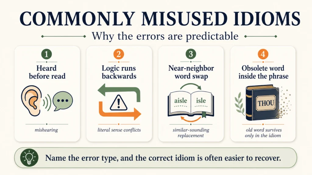 Featured minimalist infographic showing four predictable causes of commonly misused idioms: mishearing, backward logic, near-neighbor word swaps, and obsolete words