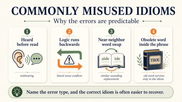 Featured minimalist infographic showing four predictable causes of commonly misused idioms: mishearing, backward logic, near-neighbor word swaps, and obsolete words