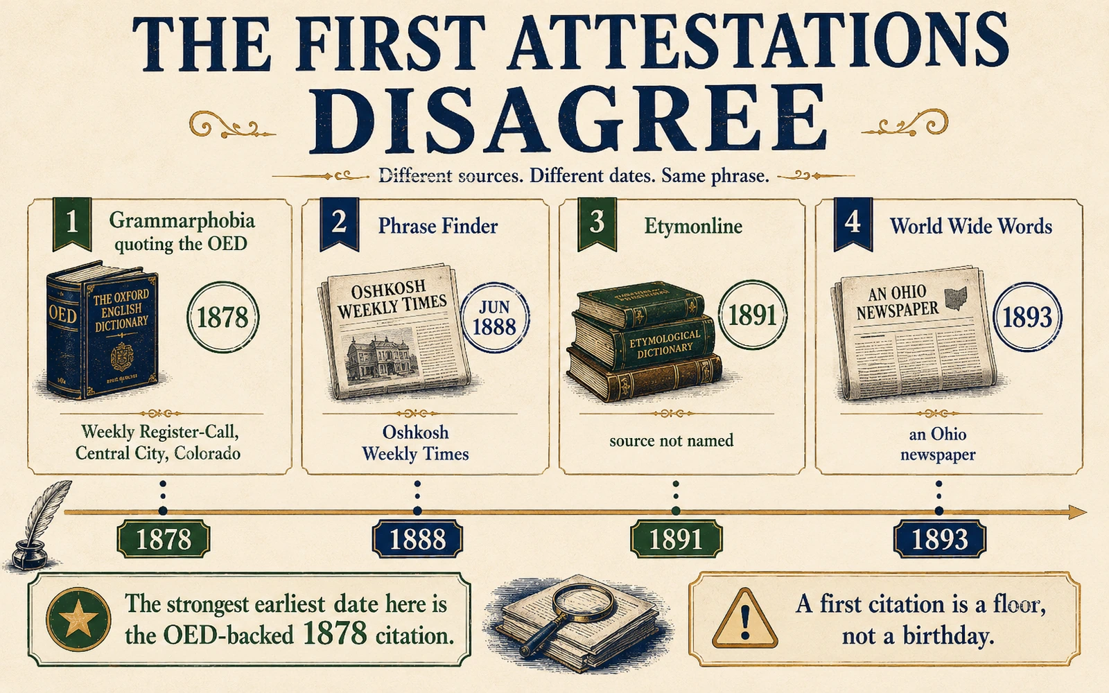 Historical timeline comparing competing earliest dates for dead ringer from 1878, 1888, 1891 and 1893 across different references.