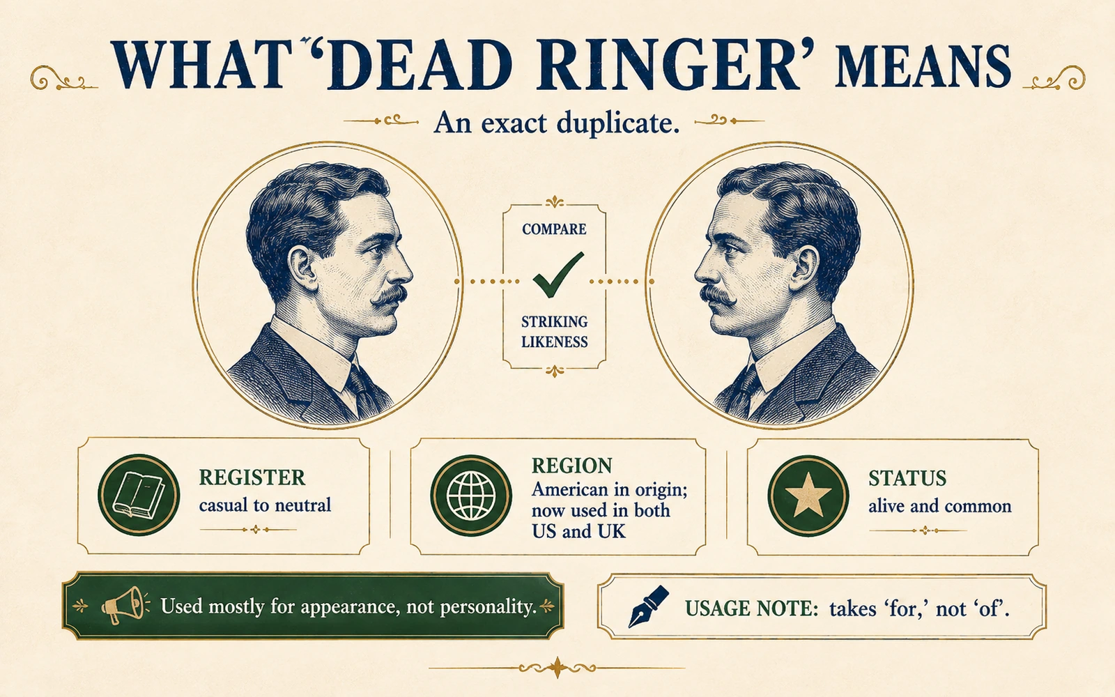 Illustrated reference card summarizing the meaning and correct use of dead ringer as an exact duplicate.