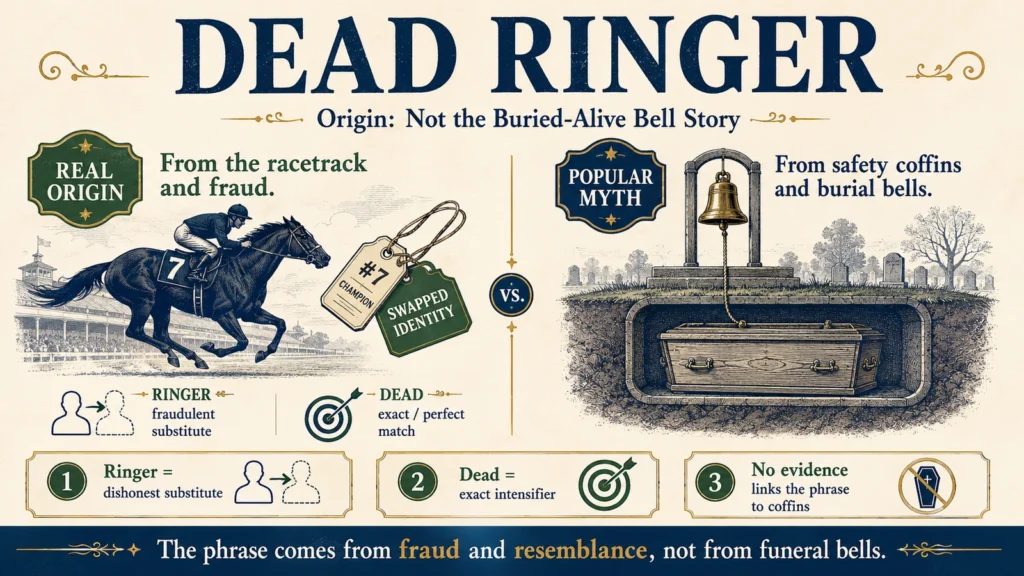 Featured myth-versus-evidence graphic explaining that dead ringer means an exact double and comes from substitution and emphasis rather than a buried-alive coffin bell story.