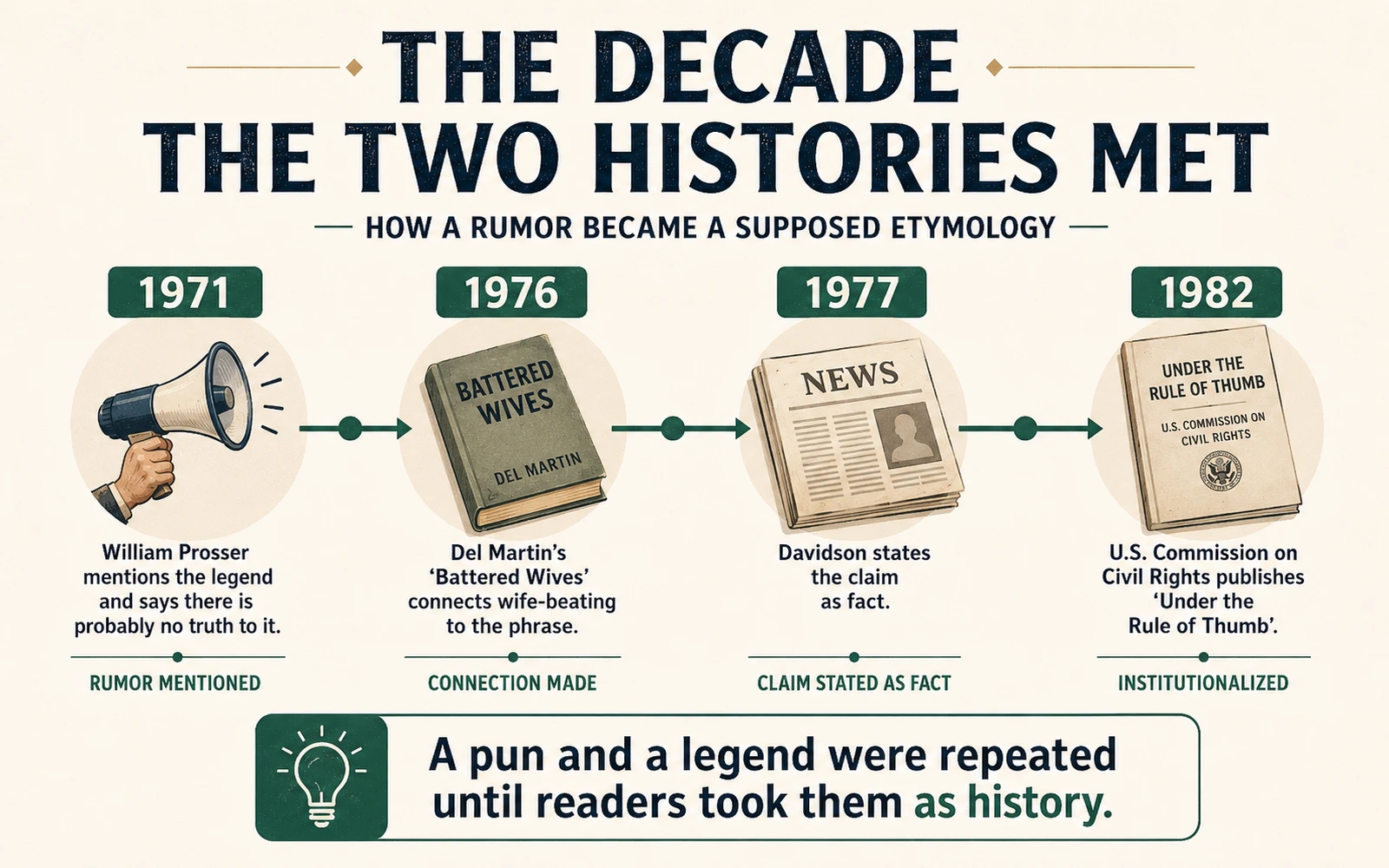 Timeline infographic from 1971 to 1982 showing how the husband-stick legend became connected to rule of thumb in print and later appeared in a federal report title.