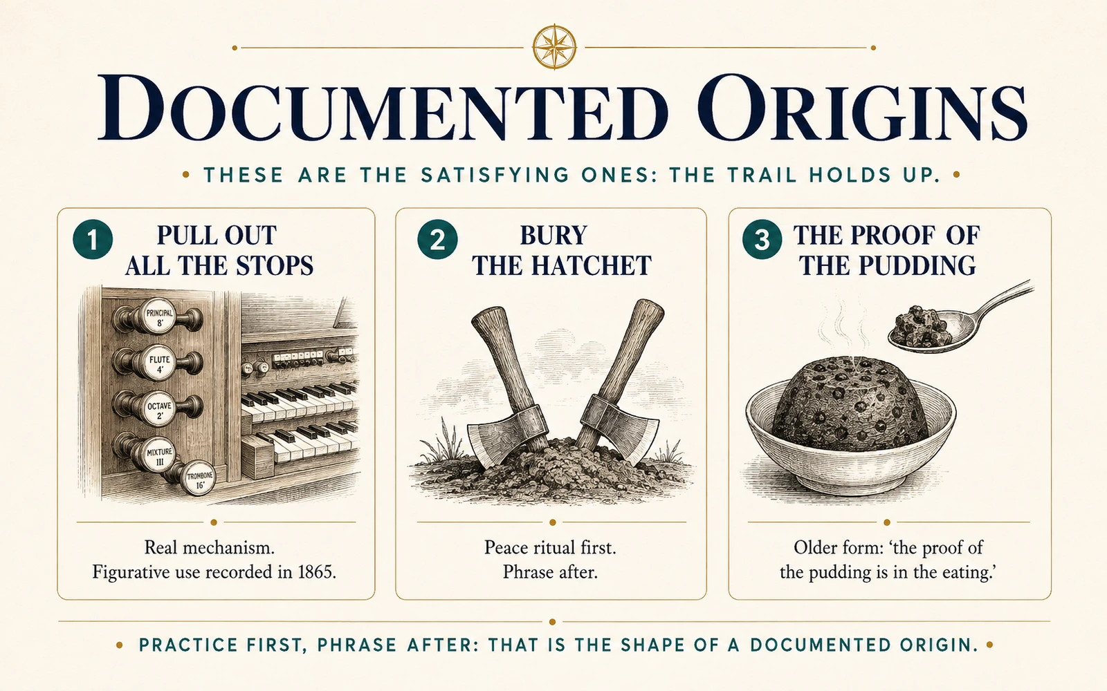 Infographic showing documented origins for pull out all the stops, bury the hatchet, and the proof of the pudding.