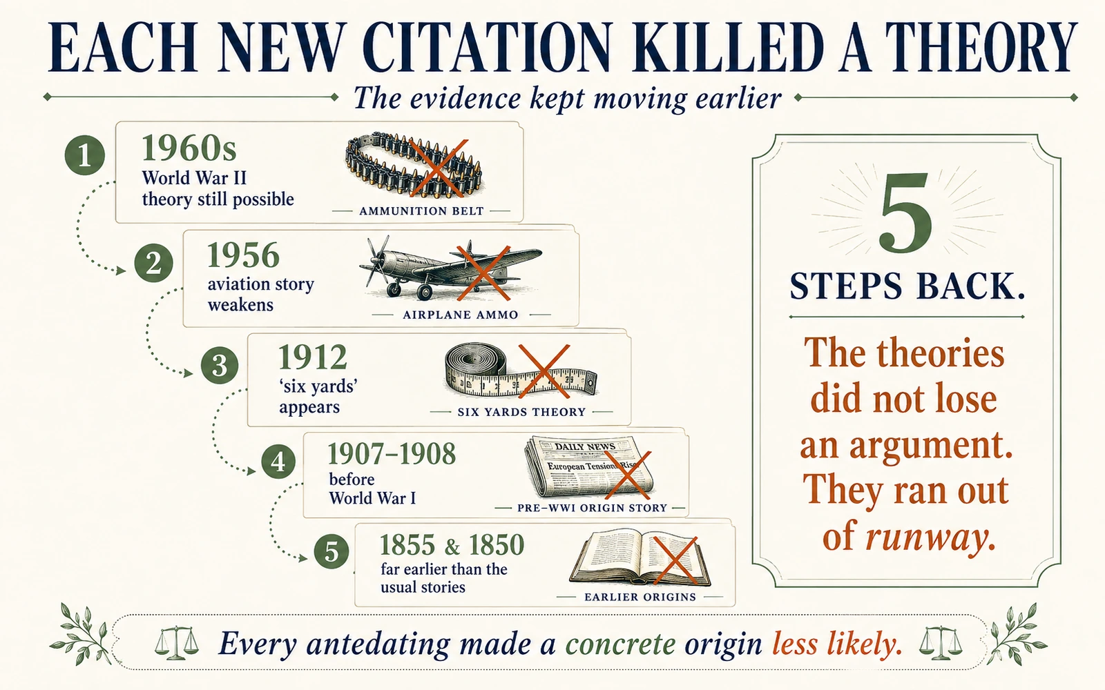Infographic timeline showing how each earlier citation made popular concrete origin theories for the whole nine yards less plausible.