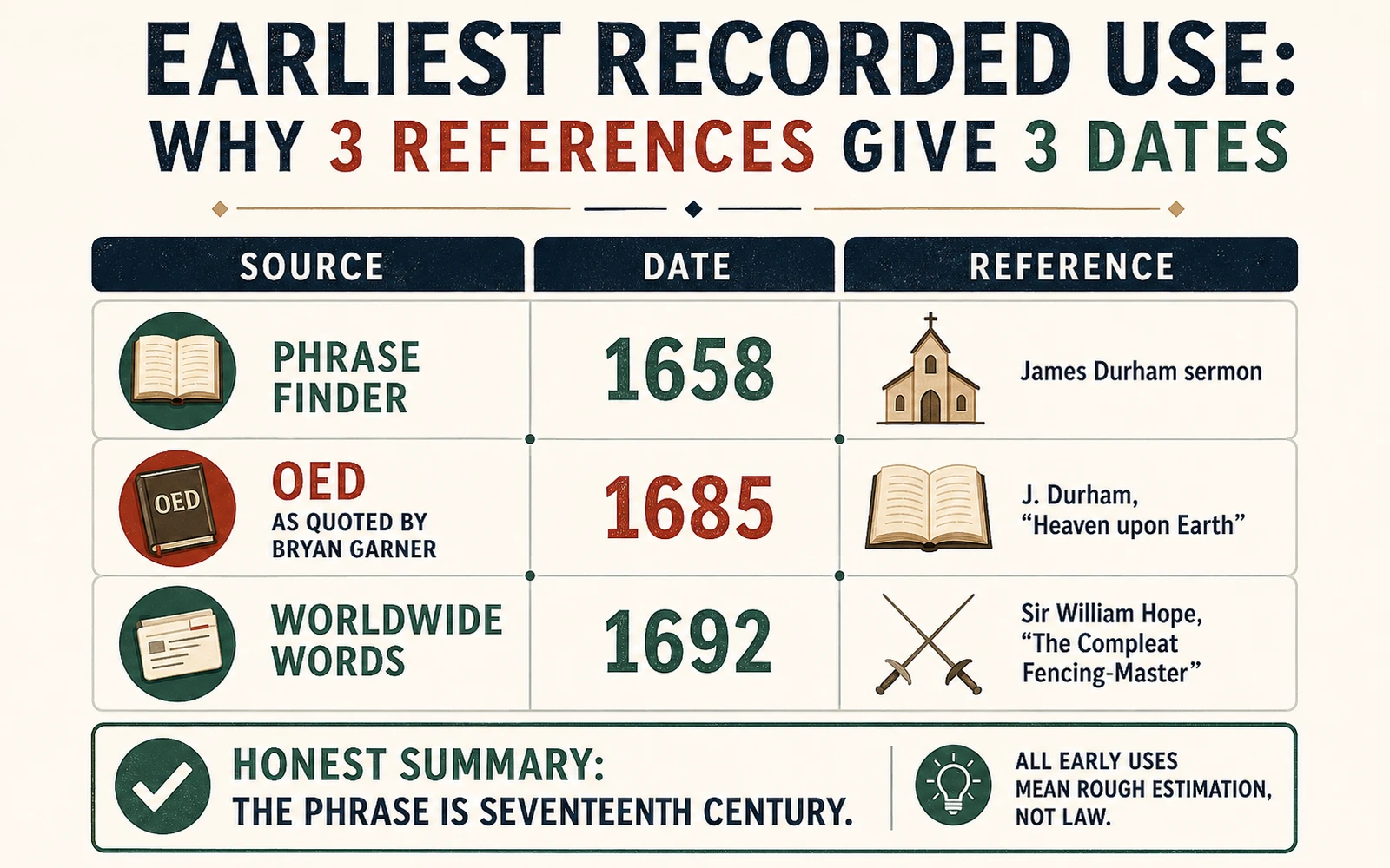 Comparison infographic showing Phrase Finder 1658, the OED as quoted by Bryan Garner 1685, and Worldwide Words 1692 as differing earliest citations for rule of thumb.
