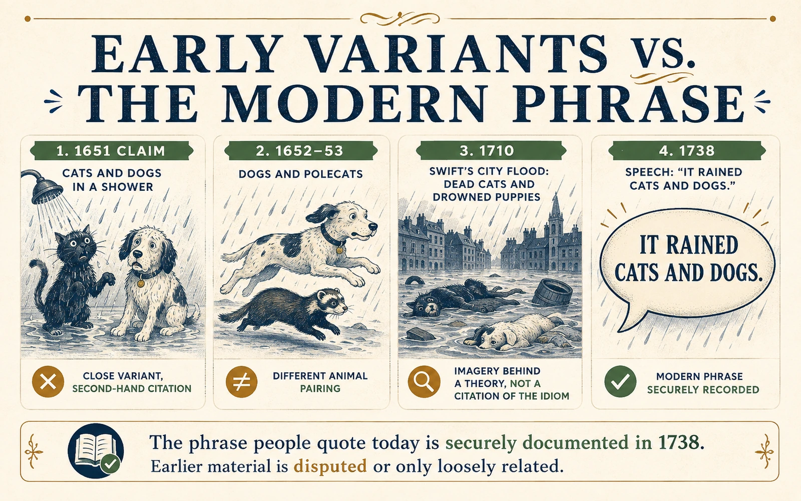 Four-part comparison showing the disputed 1651 cats and dogs line, the 1652 to 1653 dogs and polecats variant, Swift’s 1710 flood imagery, and the securely recorded 1738 modern phrase.