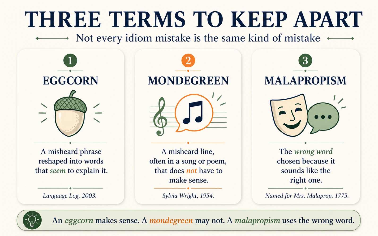 Three-column minimalist graphic distinguishing an eggcorn, a mondegreen, and a malapropism