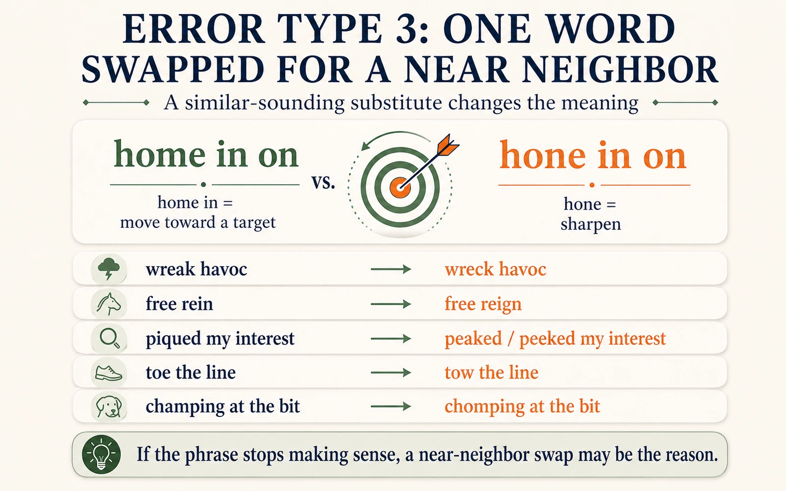 Minimalist infographic comparing home in on with hone in on and other near-neighbor swaps such as wreak versus wreck havoc and free rein versus free reign