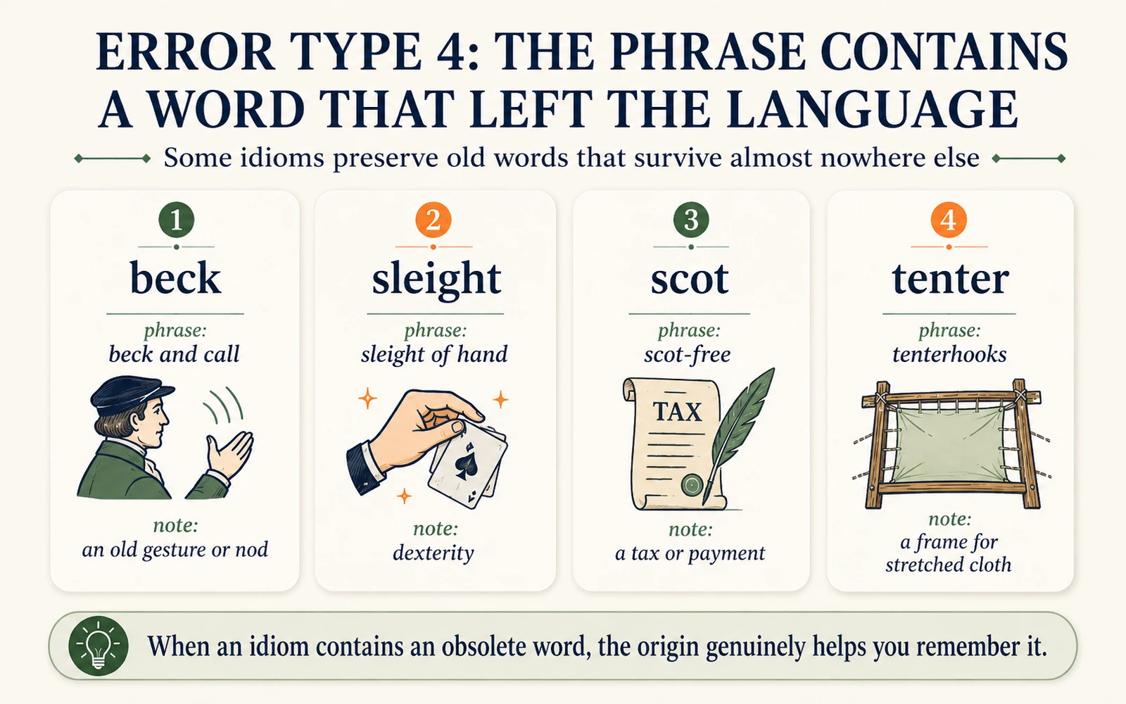 Minimalist infographic explaining old words preserved in idioms including beck, sleight, scot, and tenter