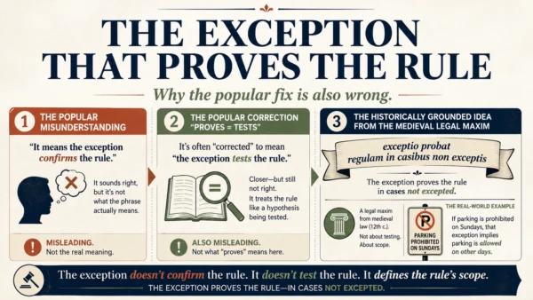 Featured infographic comparing the popular misunderstanding of the exception that proves the rule, the popular correction that proves means tests, and the medieval legal maxim behind the phrase.