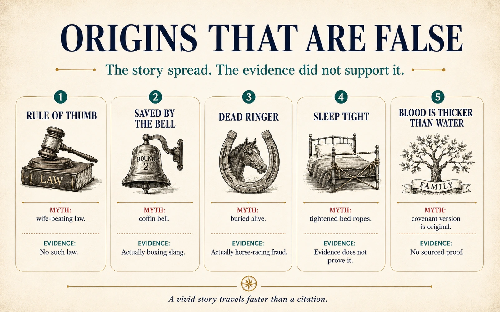 Myth-versus-evidence infographic covering false or unsupported origin stories for rule of thumb, saved by the bell, dead ringer, sleep tight, and blood is thicker than water.
