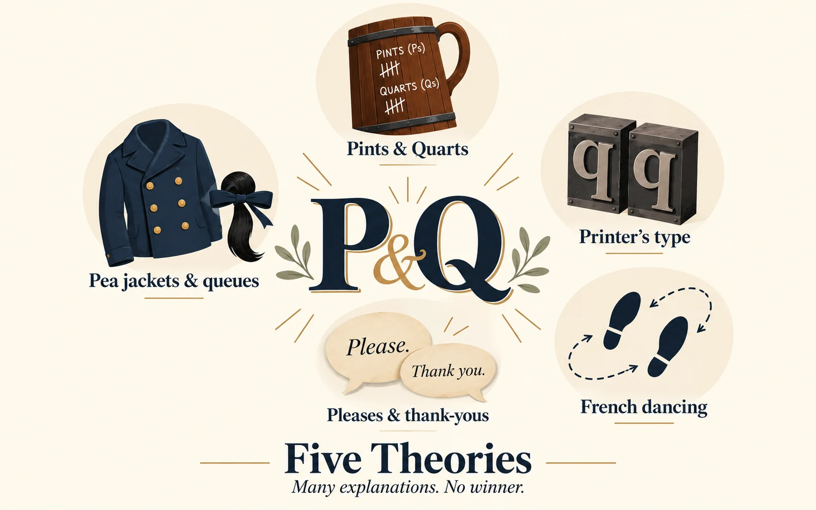 Illustrated comparison graphic showing the five main theories for Mind Your Ps and Qs: pints and quarts, printer’s type, pea jackets and queues, French dancing, and pleases and thank-yous.