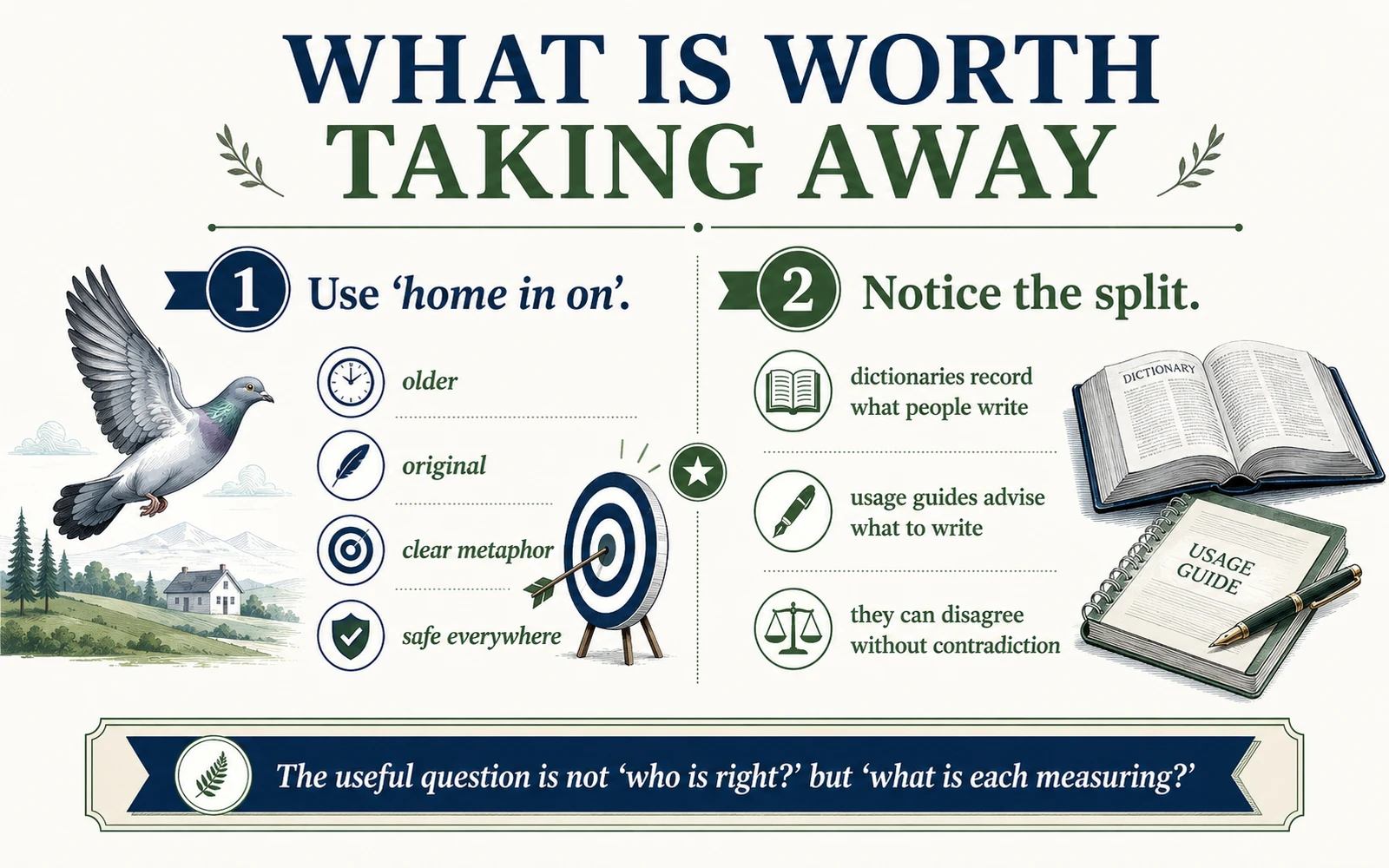 Summary infographic recommending home in on and explaining that dictionaries record what people write while usage guides advise what to write.