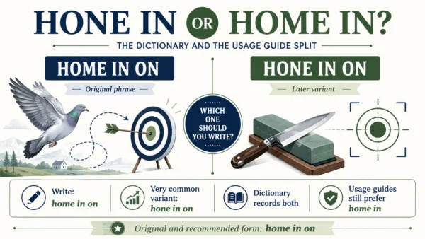 Featured comparison graphic showing home in on as the original recommended phrase and hone in on as a later common variant, with a homing pigeon and sharpening stone as visual metaphors.