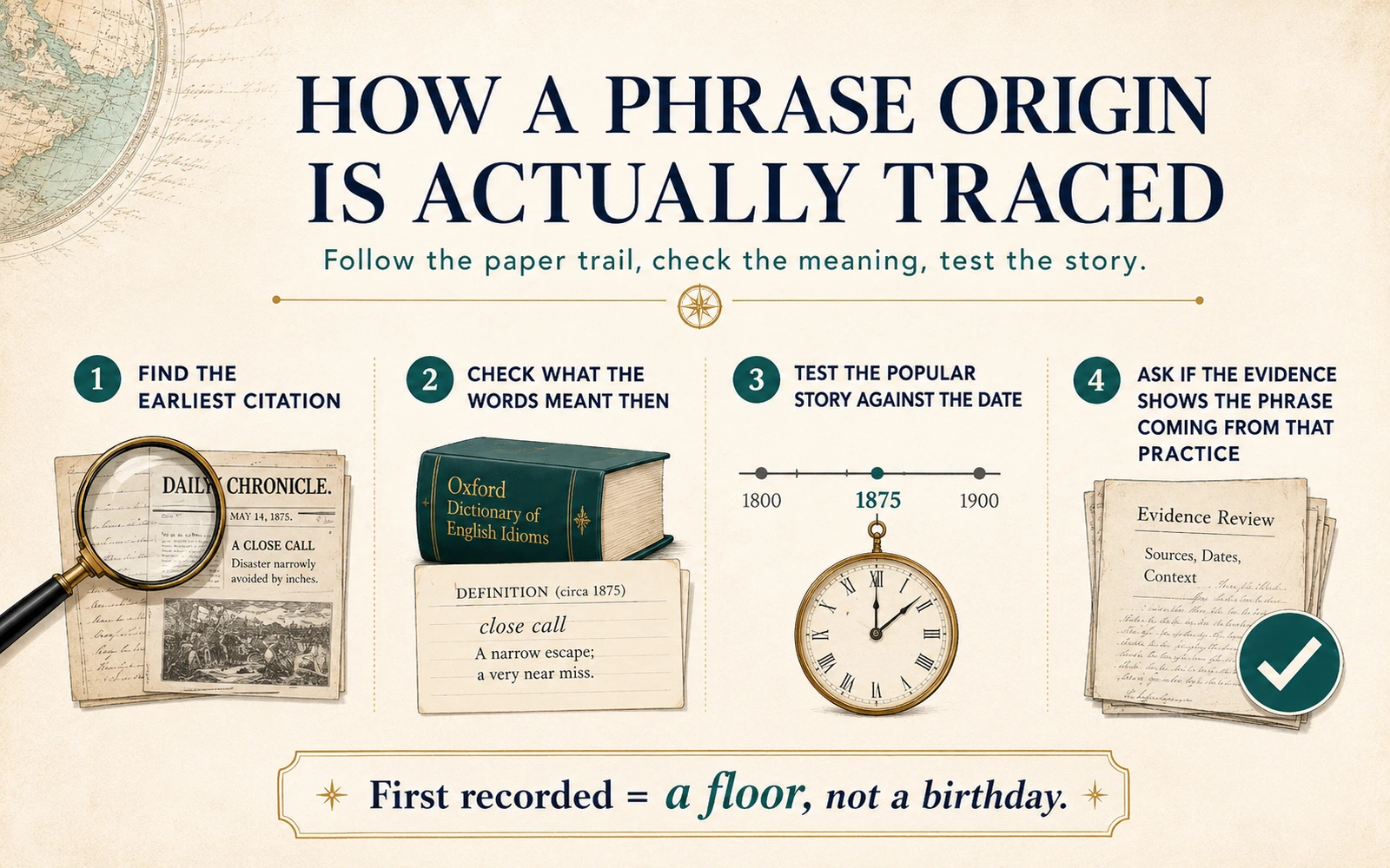Four-step infographic showing how researchers find the earliest citation, check historical word meanings, test dates, and review the evidence.