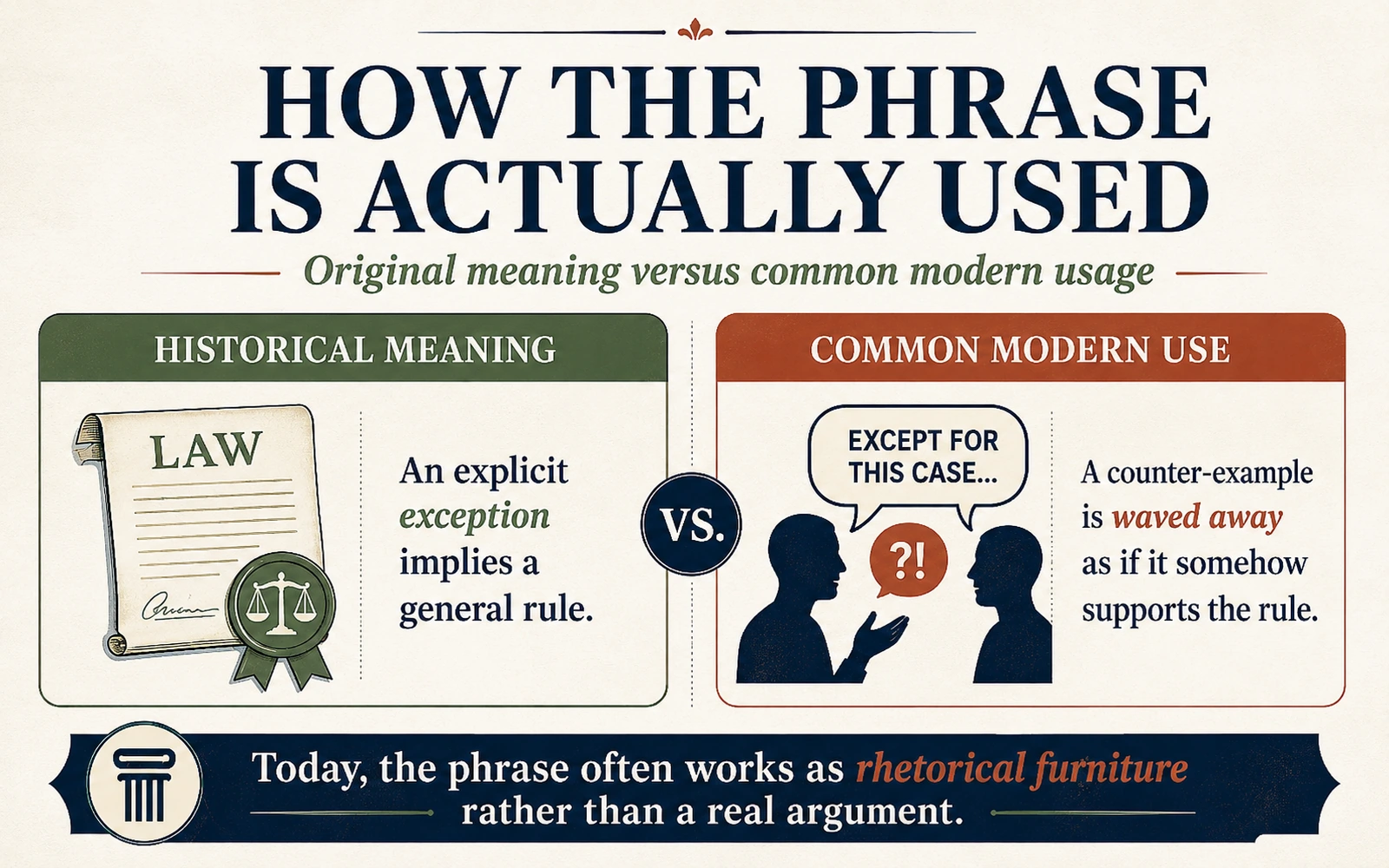 Comparison infographic contrasting the historical legal meaning of the exception that proves the rule with its common modern use to wave away a counter-example.