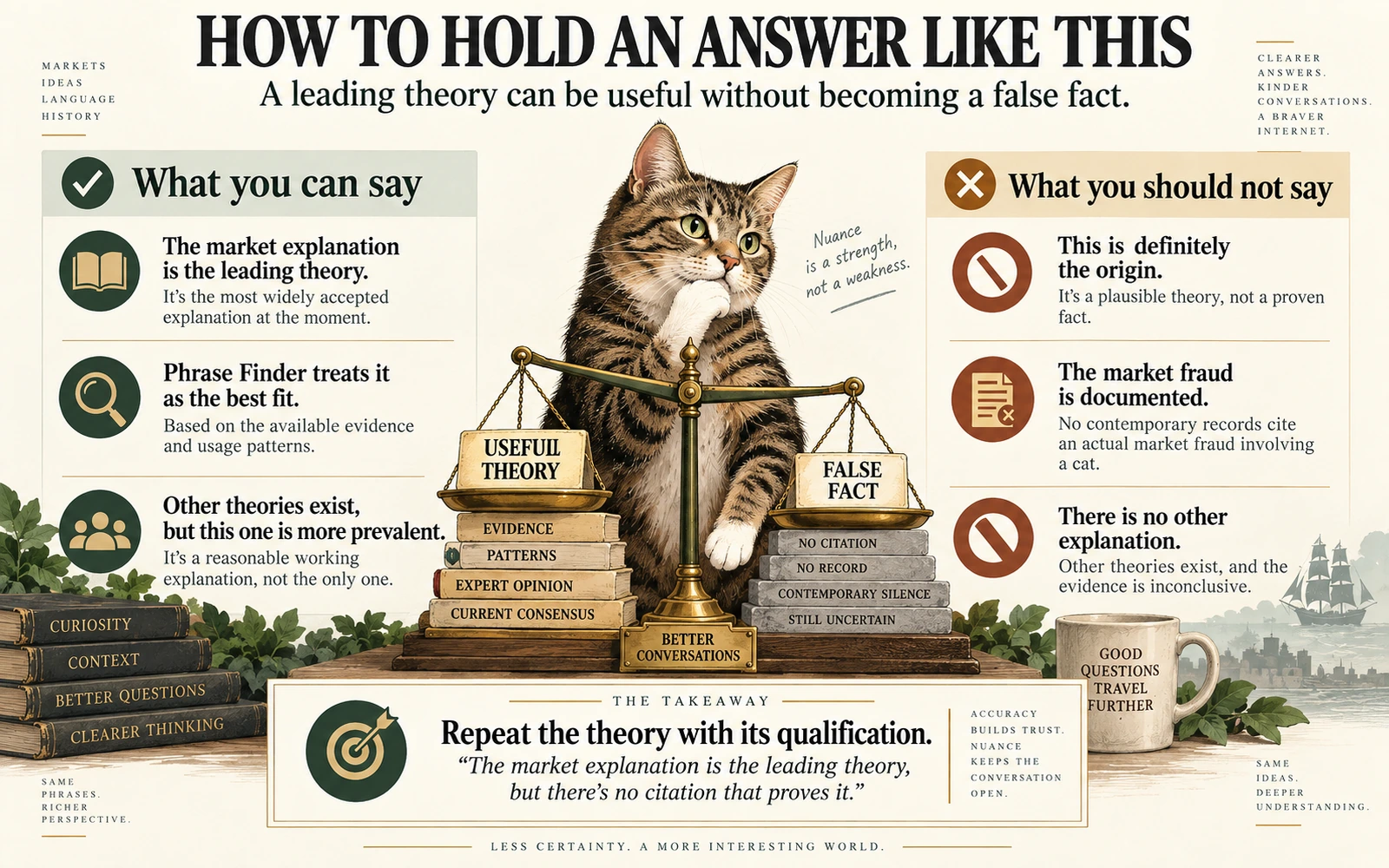 Guidance infographic showing what readers can accurately say about the market origin theory and which stronger claims the evidence does not justify.