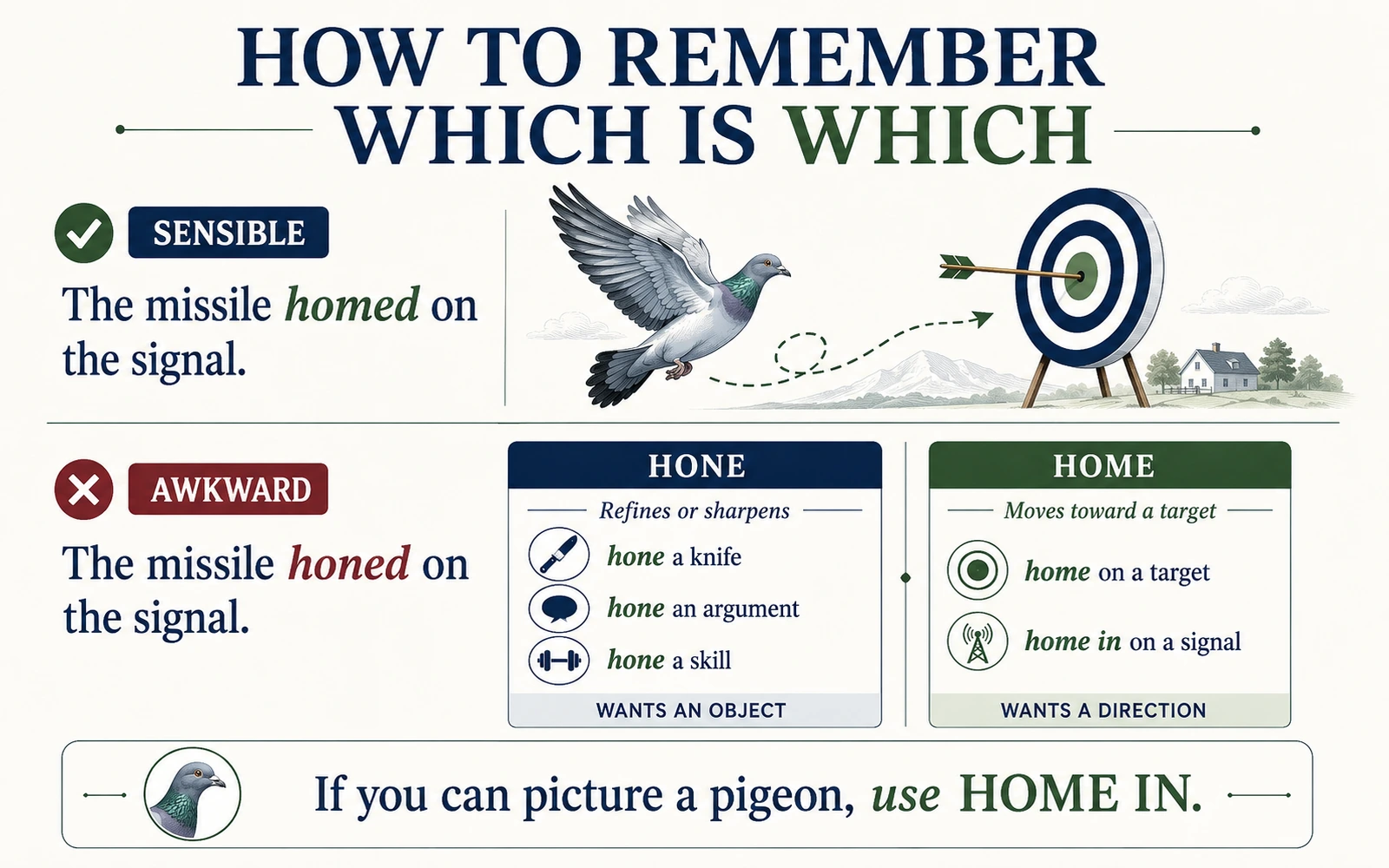 Memory aid showing that home moves toward a target while hone sharpens an object, with a pigeon and target demonstrating the correct phrase home in.