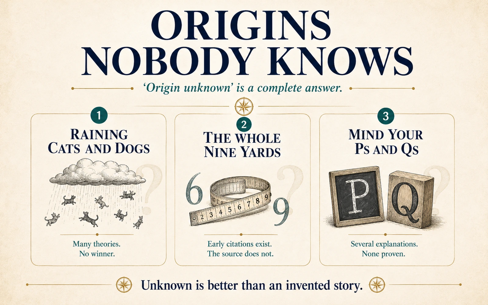 Infographic showing raining cats and dogs, the whole nine yards, and mind your Ps and Qs as phrases with unresolved origins.