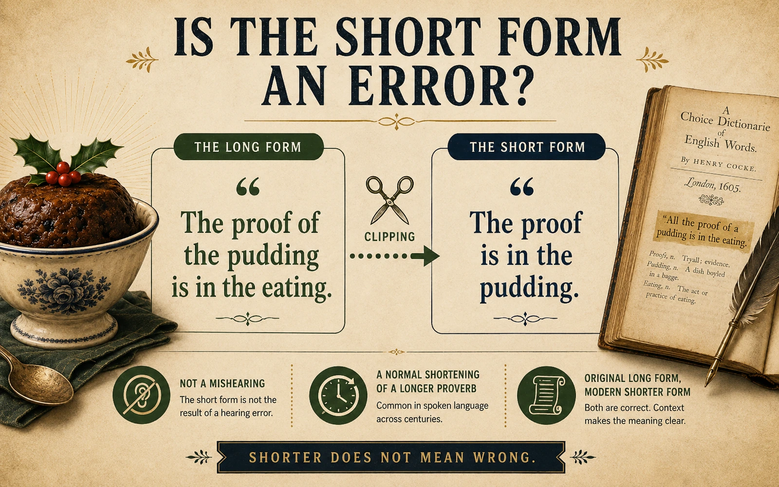 Comparison infographic showing the full proverb “the proof of the pudding is in the eating” and the clipped modern form “the proof is in the pudding.”